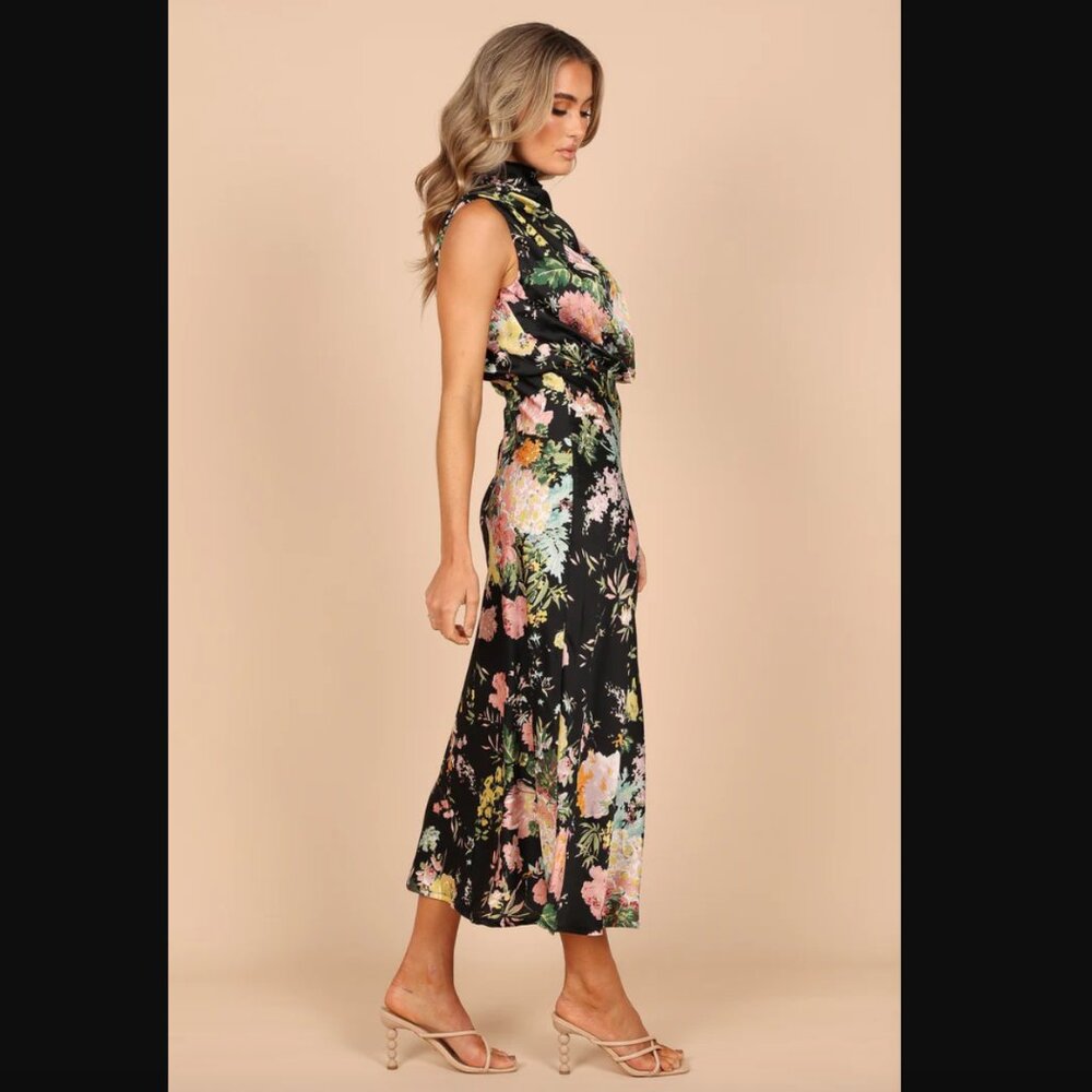 Petal & Pup Anabelle Black Floral Satin Halter High Neck Midi Dress XL - Picture 4 of 11